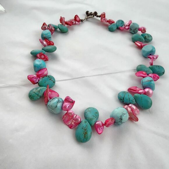 Hand Made Artisan Genuine Turquoise Blue Stone  Pink Baroque Pearls 18" NECKLACE - Picture 4 of 10